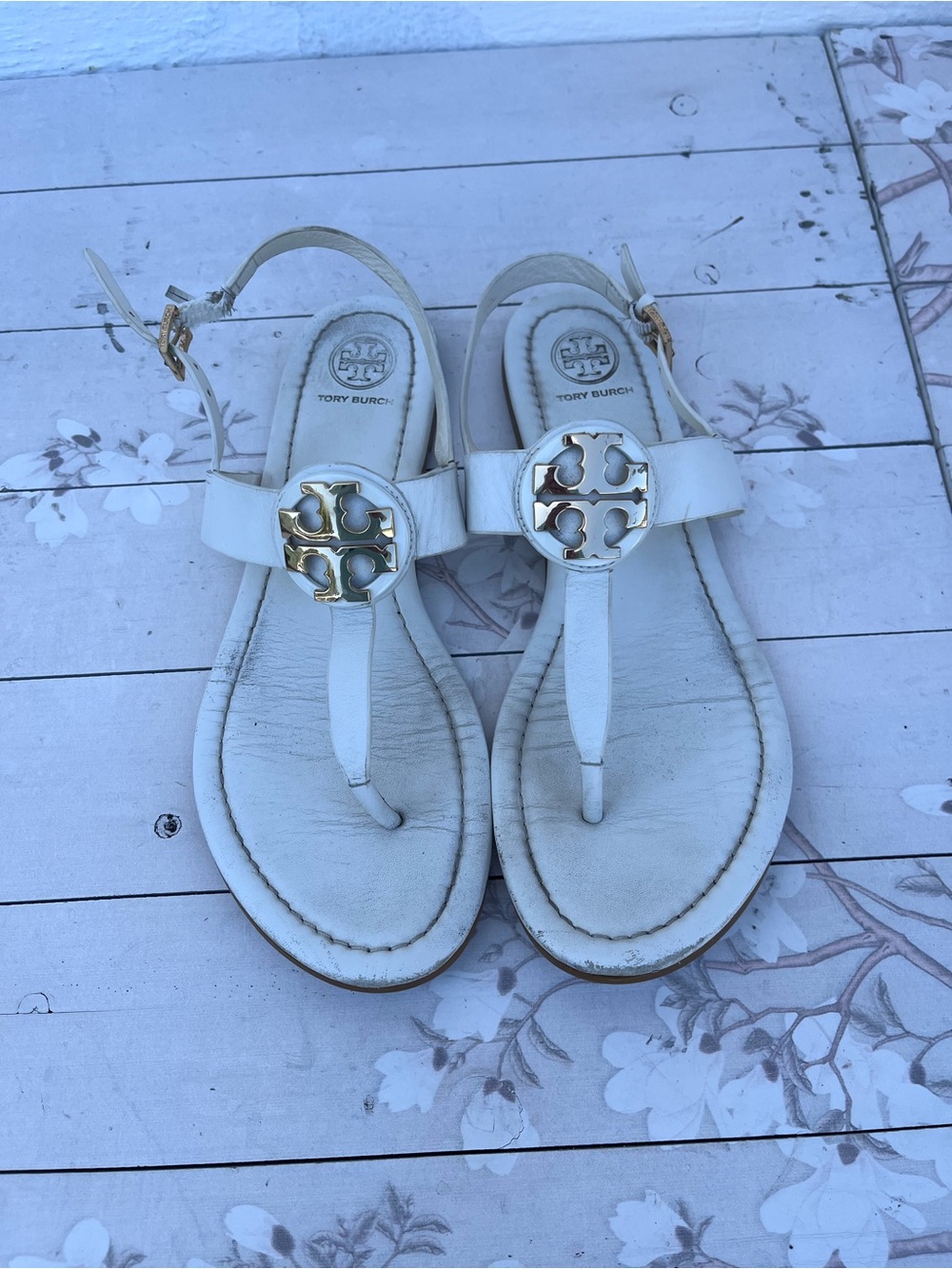 Tory Burch White Leather Logo Strap Sandals